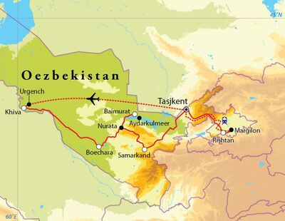 Routekaart Rondreis Oezbekistan, 15 dagen