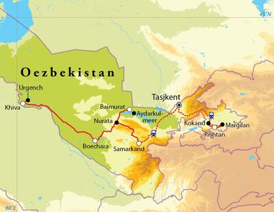Routekaart Rondreis Oezbekistan, 15 dagen