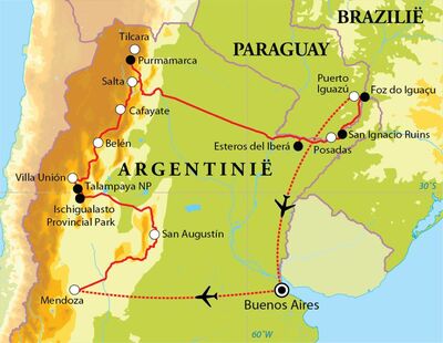 Routekaart Rondreis Noord-Argentinië & Iguazú, 23 dagen