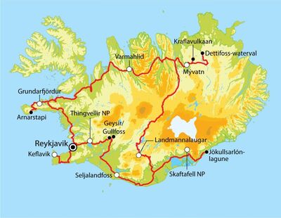 Routekaart Rondreis IJsland, 15 dagen kampeerreis