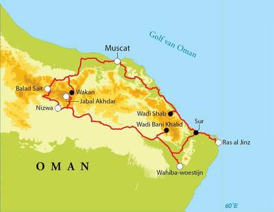 Routekaart Rondreis Oman, 9 dagen Routekaart Rondreis Oman, 9 dagen