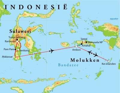 Routekaart Rondreis Sulawesi & Molukken, 22 dagen