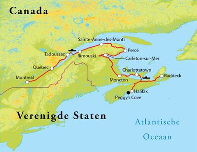 Routekaart Rondreis Oost-Canada, 20 dagen