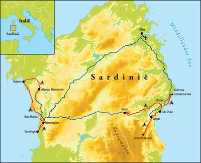 Routekaart Fietsreis Sardinië - Italië, 8 dagen Routekaart Fietsreis Sardinië - Italië, 8 dagen