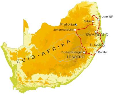 Routekaart Zuid-Afrika Noord & Swaziland, 15 dagen Routekaart Zuid-Afrika Noord & Swaziland, 15 dagen