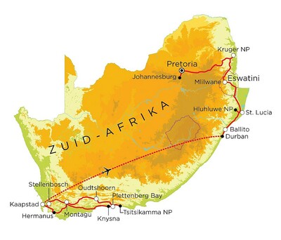 Routekaart Zuid-Afrika & Eswatini, 21 dagen Routekaart Zuid-Afrika & Eswatini, 21 dagen