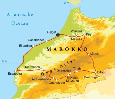 Routekaart Rondreis Marokko, 15 dagen