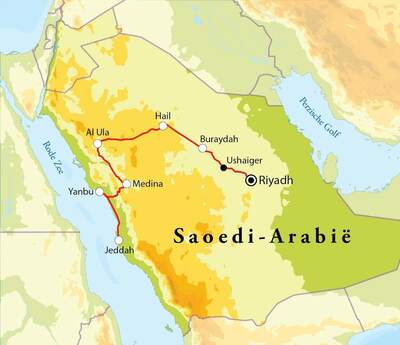 Routekaart Rondreis Saoedi-Arabië, 12 dagen Routekaart Rondreis Saoedi-Arabië, 12 dagen