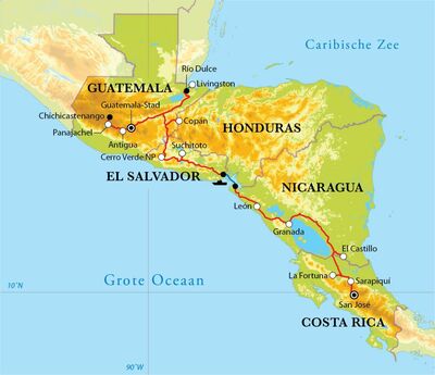Routekaart Van San José naar Guatemala City, 25 dagen
