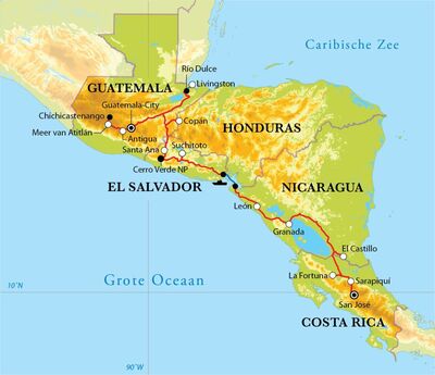 Routekaart Van San José naar Guatemala City, 25 dagen