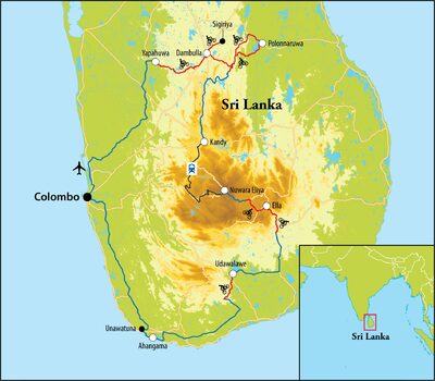Routekaart Fietsreis Sri Lanka, 15 dagen Routekaart Fietsreis Sri Lanka, 15 dagen