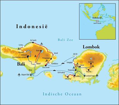 Routekaart Fietsreis Bali & Lombok, 18 dagen