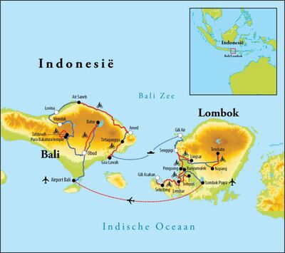 Routekaart Fietsreis Bali & Lombok, 18 dagen