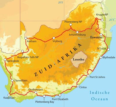 Routekaart Rondreis Zuid-Afrika & Eswatini, 29 dagen
