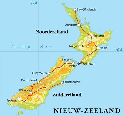 Routekaart Rondreis Nieuw-Zeeland, 25 dagen Routekaart Rondreis Nieuw-Zeeland, 25 dagen