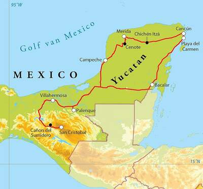 Routekaart Rondreis Mexico, 16 dagen Routekaart Rondreis Mexico, 16 dagen