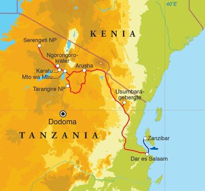 Routekaart Rondreis Tanzania & Zanzibar, 15 dagen lodge/kampeerreis Routekaart Rondreis Tanzania & Zanzibar, 15 dagen lodge/kampeerreis