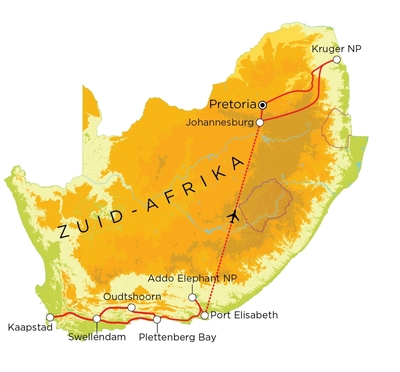 Routekaart Zuid-Afrika Tuinroute en Kruger nationaal park, 15 dagen Routekaart Zuid-Afrika Tuinroute en Kruger nationaal park, 15 dagen