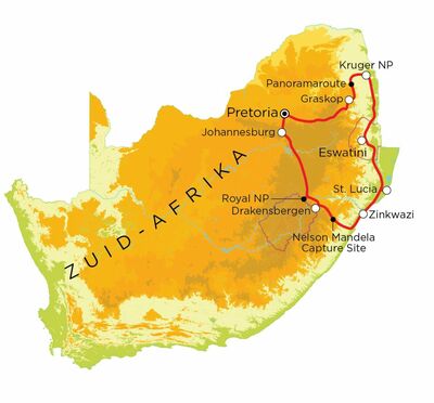 Routekaart Zuid-Afrika Noord & Eswatini, 15 dagen Routekaart Zuid-Afrika Noord & Eswatini, 15 dagen