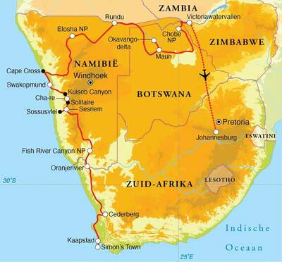 Routekaart Rondreis Zuid-Afrika, Botswana, Namibië & Victoriawatervallen, 24 dagen kampeerreis Routekaart Rondreis Zuid-Afrika, Botswana, Namibië & Victoriawatervallen, 24 dagen kampeerreis