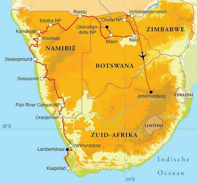 Routekaart Rondreis Zuid-Afrika, Botswana, Namibië & Victoriawatervallen, 24 dagen hotel/lodgereis Routekaart Rondreis Zuid-Afrika, Botswana, Namibië & Victoriawatervallen, 24 dagen hotel/lodgereis