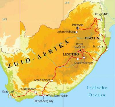 Routekaart Rondreis Zuid-Afrika, Lesotho & Swaziland, 22 dagen hotel/chaletreis Routekaart Rondreis Zuid-Afrika, Lesotho & Swaziland, 22 dagen hotel/chaletreis