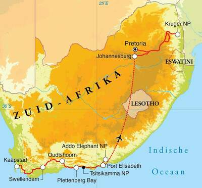 Routekaart Rondreis Zuid-Afrika, 15 dagen Routekaart Rondreis Zuid-Afrika, 15 dagen
