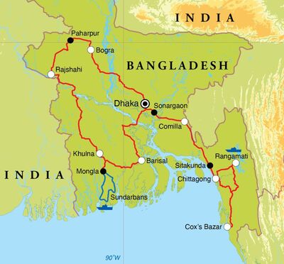 Routekaart Rondreis Bangladesh, 16 dagen