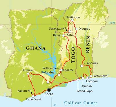 Routekaart Rondreis Ghana, Togo & Benin, 22 dagen