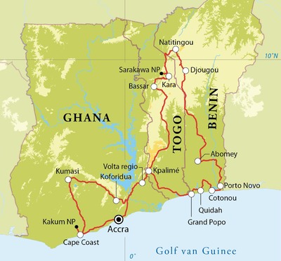 Routekaart Rondreis Ghana, Togo & Benin, 22 dagen Routekaart Rondreis Ghana, Togo & Benin, 22 dagen