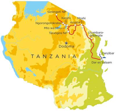Routekaart Tanzania & Zanzibar, 21 dagen Routekaart Tanzania & Zanzibar, 21 dagen