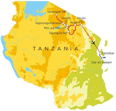Routekaart Tanzania & Zanzibar, 15 dagen Routekaart Tanzania & Zanzibar, 15 dagen