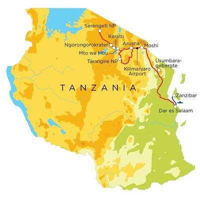 Routekaart Tanzania & Zanzibar, 21 dagen