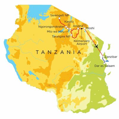 Routekaart Tanzania & Zanzibar, 15 dagen