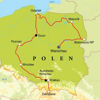 Routekaart Rondreis Polen, 14 dagen