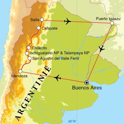 Routekaart Rondreis Noord-Argentinië, 18 dagen