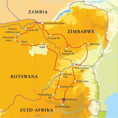 Routekaart Rondreis Zuid-Afrika, Botswana & Zimbabwe, 21 dagen kampeer of hotel/lodge reis