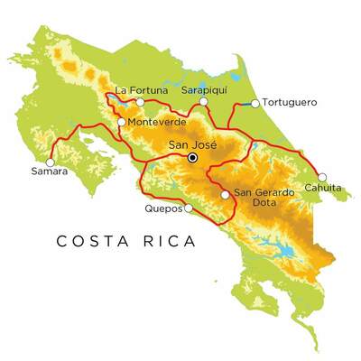 Routekaart Costa Rica, 19 dagen Routekaart Costa Rica, 19 dagen