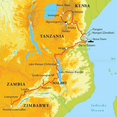 Routekaart Rondreis Kenia, Tanzania, Zanzibar, Malawi, Zambia & Zimbabwe, 26 dagen kampeerreis