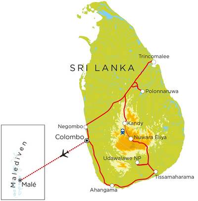 Routekaart Sri Lanka & Malediven, 21 dagen Routekaart Sri Lanka & Malediven, 21 dagen