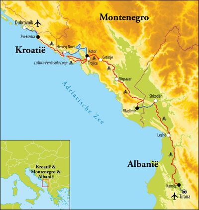 Routekaart Fietsreis Kroatië, Montenegro & Albanië, 10 dagen