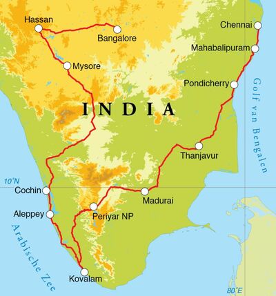 Routekaart Rondreis Zuid-India, 22 dagen Routekaart Rondreis Zuid-India, 22 dagen