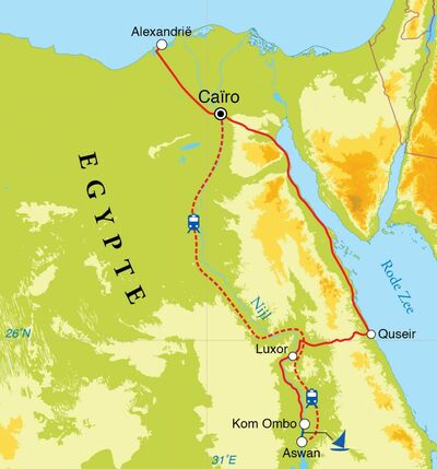 Routekaart Rondreis Egypte, woestijnen, Nijlvallei en Rode Zee, 20 dagen Routekaart Rondreis Egypte, woestijnen, Nijlvallei en Rode Zee, 20 dagen