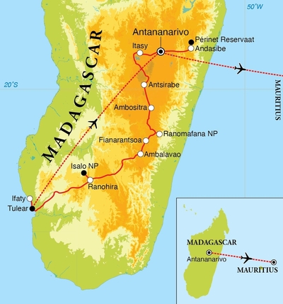 Routekaart Rondreis Madagaskar & Mauritius, 23 dagen Routekaart Rondreis Madagaskar & Mauritius, 23 dagen