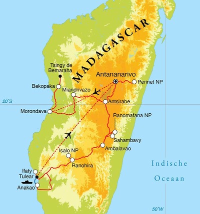 Routekaart Rondreis Madagascar, 24 dagen