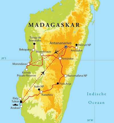 Routekaart Rondreis Madagaskar, 24 dagen