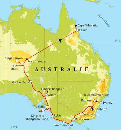 Routekaart Rondreis Australië met Kangoeroe-eiland, 28 dagen Routekaart Rondreis Australië met Kangoeroe-eiland, 28 dagen