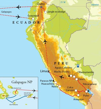 Routekaart Rondreis Peru, Ecuador & Galapagos, 28 dagen 
