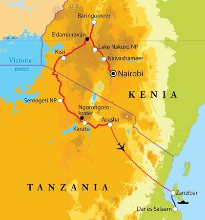 Routekaart Rondreis Kenia, Tanzania & Zanzibar, 21 dagen hotel/lodgereis Routekaart Rondreis Kenia, Tanzania & Zanzibar, 21 dagen hotel/lodgereis
