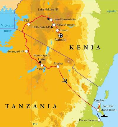 Routekaart Rondreis Kenia, Tanzania & Zanzibar, 21 dagen hotel/lodgereis Routekaart Rondreis Kenia, Tanzania & Zanzibar, 21 dagen hotel/lodgereis